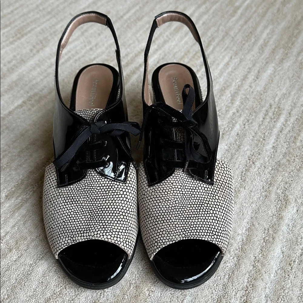 EUC Beautifeel Slingback Peep Toe Lace up Sandals Black Patent Dots EU 40 US 9.5
